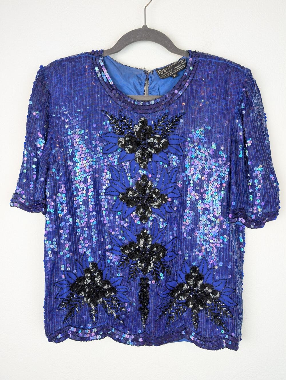 Royal Feelings Top Vintage 80s Silk Sequins Beaded Embellished Blue Black Size M